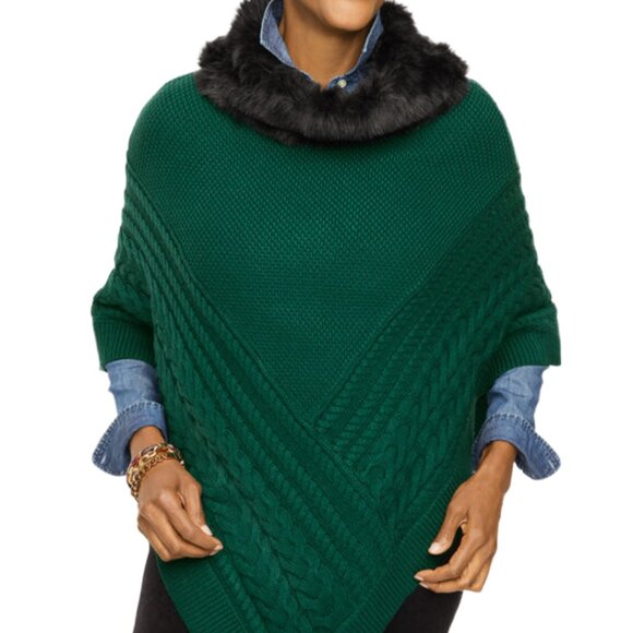 NEW | Talbots Faux Fur Cable Knit Poncho Green | Size S | NWT - Picture 2 of 9